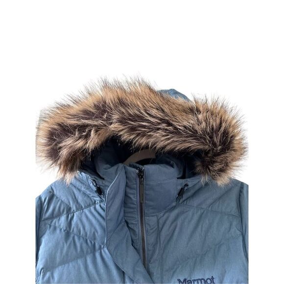 Marmot Down Varma Faux Fur Hooded Long Jacket Women’s Storm Cloud Size Large - Picture 2 of 8